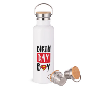 Birth day Boy (superman), Stainless steel White with wooden lid (bamboo), double wall, 750ml