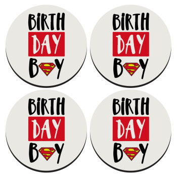 Birth day Boy (superman), SET of 4 round wooden coasters (9cm)