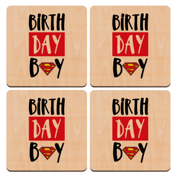 Birth day Boy (superman), ΣΕΤ x4 Σουβέρ ξύλινα τετράγωνα plywood (9cm)