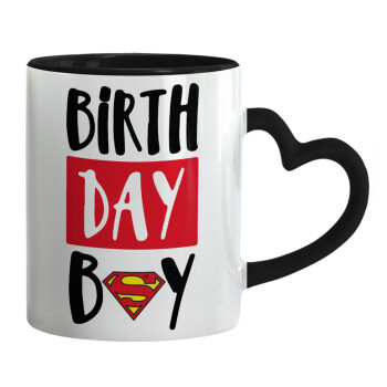 Birth day Boy (superman), Κούπα καρδιά χερούλι μαύρη, κεραμική, 330ml