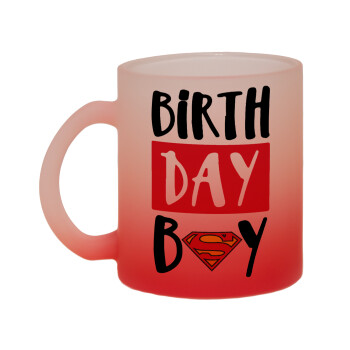 Birth day Boy (superman), Κούπα γυάλινη δίχρωμη με βάση το κόκκινο ματ, 330ml