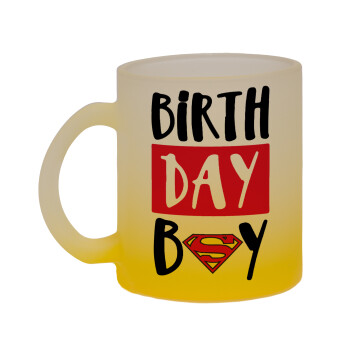 Birth day Boy (superman), Κούπα γυάλινη δίχρωμη με βάση το κίτρινο ματ, 330ml