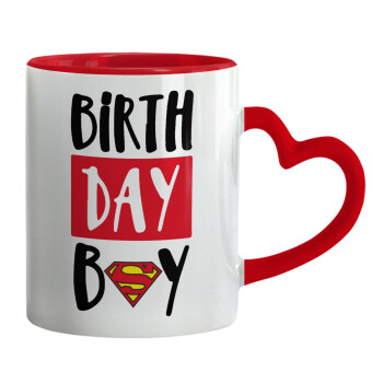Birth day Boy (superman), Κούπα καρδιά χερούλι κόκκινη, κεραμική, 330ml