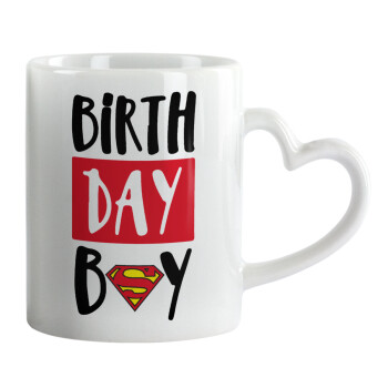 Birth day Boy (superman), Κούπα καρδιά χερούλι λευκή, κεραμική, 330ml