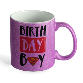 Birth day Boy (superman), Κούπα Μωβ Glitter που γυαλίζει, κεραμική, 330ml