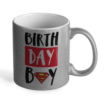 Birth day Boy (superman), Κούπα Ασημένια Glitter που γυαλίζει, κεραμική, 330ml