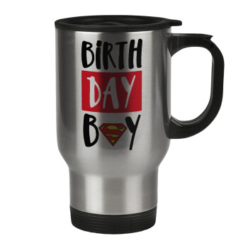 Birth day Boy (superman), Κούπα ταξιδιού ανοξείδωτη με καπάκι, διπλού τοιχώματος (θερμό) 450ml