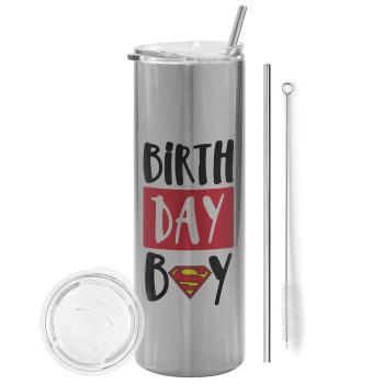 Birth day Boy (superman), Eco friendly ποτήρι θερμό Ασημένιο (tumbler) από ανοξείδωτο ατσάλι 600ml, με μεταλλικό καλαμάκι & βούρτσα καθαρισμού