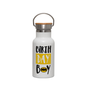 Birth day Boy (batman), Μεταλλικό παγούρι θερμός (Stainless steel) Λευκό με ξύλινο καπακι (bamboo), διπλού τοιχώματος, 350ml