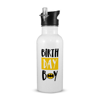 Birth day Boy (batman), White water bottle with straw, stainless steel 600ml