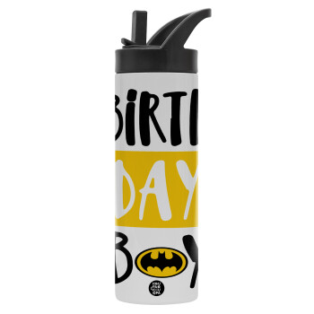 Birth day Boy (batman), Μεταλλικό παγούρι θερμός με καλαμάκι & χειρολαβή, ανοξείδωτο ατσάλι (Stainless steel 304), διπλού τοιχώματος, 600ml