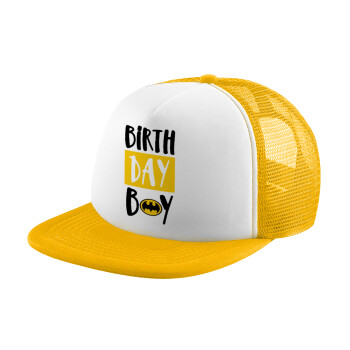 Birth day Boy (batman), Καπέλο Ενηλίκων Soft Trucker με Δίχτυ Κίτρινο/White (POLYESTER, ΕΝΗΛΙΚΩΝ, UNISEX, ONE SIZE)
