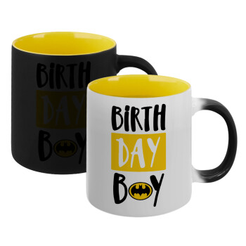 Birth day Boy (batman), Κούπα Μαγική εσωτερικό κίτρινη, κεραμική 330ml που αλλάζει χρώμα με το ζεστό ρόφημα (1 τεμάχιο)