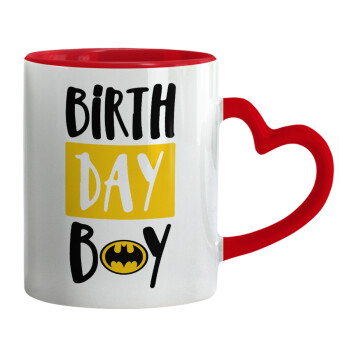 Birth day Boy (batman), Κούπα καρδιά χερούλι κόκκινη, κεραμική, 330ml