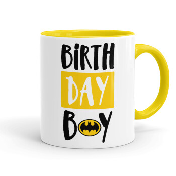 Birth day Boy (batman), Κούπα χρωματιστή κίτρινη, κεραμική, 330ml