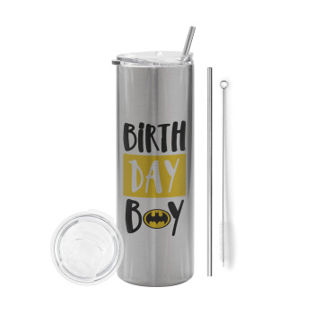 Birth day Boy (batman), Eco friendly ποτήρι θερμό Ασημένιο (tumbler) από ανοξείδωτο ατσάλι 600ml, με μεταλλικό καλαμάκι & βούρτσα καθαρισμού