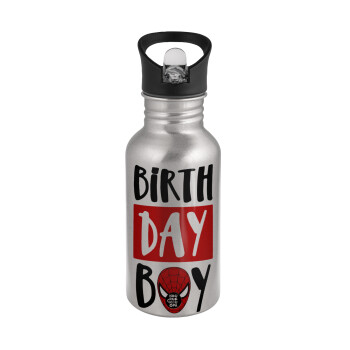 Birth day Boy (spiderman), Water bottle Silver with straw, stainless steel 500ml