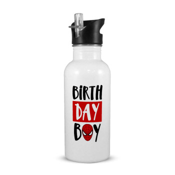 Birth day Boy (spiderman), White water bottle with straw, stainless steel 600ml