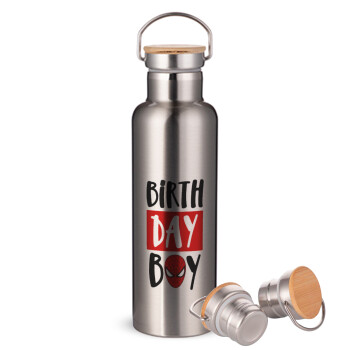 Birth day Boy (spiderman), Stainless steel Silver with wooden lid (bamboo), double wall, 750ml