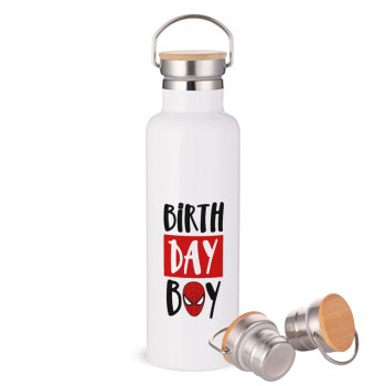 Birth day Boy (spiderman), Stainless steel White with wooden lid (bamboo), double wall, 750ml