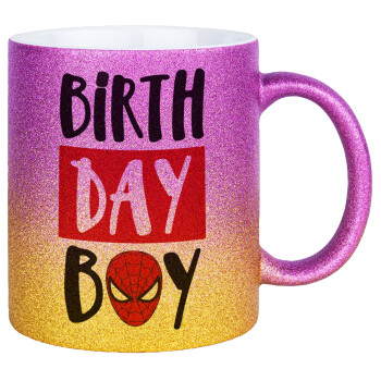 Birth day Boy (spiderman), Κούπα Χρυσή/Ροζ Glitter, κεραμική, 330ml