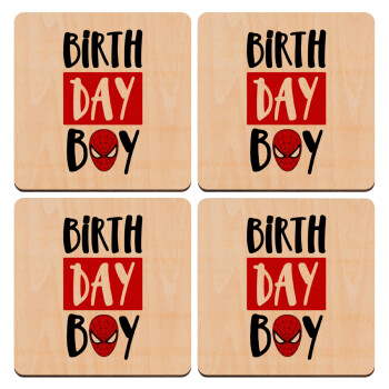Birth day Boy (spiderman), ΣΕΤ x4 Σουβέρ ξύλινα τετράγωνα plywood (9cm)