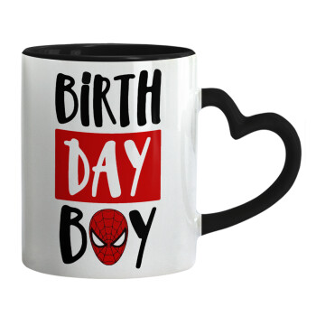 Birth day Boy (spiderman), Κούπα καρδιά χερούλι μαύρη, κεραμική, 330ml