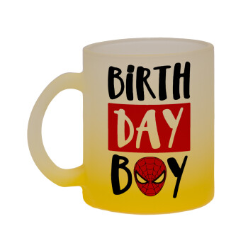Birth day Boy (spiderman), Κούπα γυάλινη δίχρωμη με βάση το κίτρινο ματ, 330ml