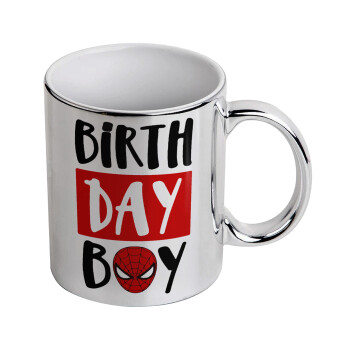 Birth day Boy (spiderman), Κούπα κεραμική, ασημένια καθρέπτης, 330ml