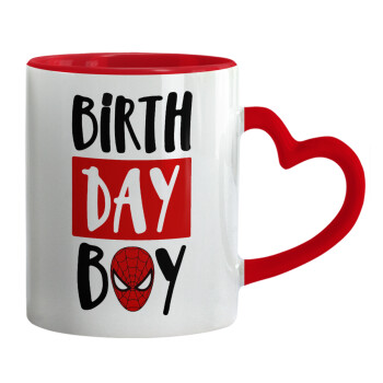 Birth day Boy (spiderman), Κούπα καρδιά χερούλι κόκκινη, κεραμική, 330ml