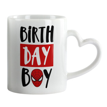 Birth day Boy (spiderman), Κούπα καρδιά χερούλι λευκή, κεραμική, 330ml