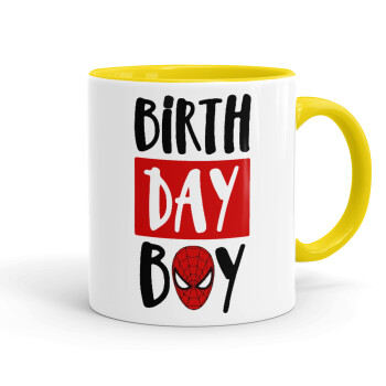 Birth day Boy (spiderman), Κούπα χρωματιστή κίτρινη, κεραμική, 330ml
