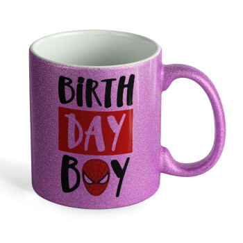 Birth day Boy (spiderman), Κούπα Μωβ Glitter που γυαλίζει, κεραμική, 330ml