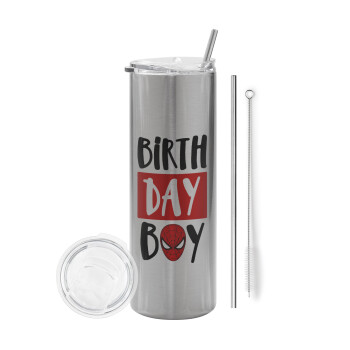 Birth day Boy (spiderman), Eco friendly stainless steel Silver tumbler 600ml, with metal straw & cleaning brush