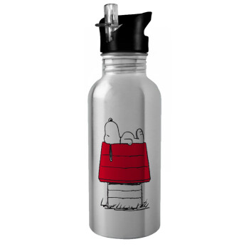 Το σπίτι του snoopy, Water bottle Silver with straw, stainless steel 600ml