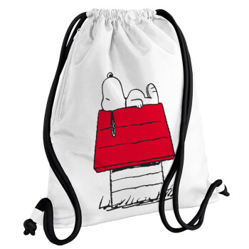 Το σπίτι του snoopy, Backpack pouch GYMBAG white, with pocket (40x48cm) & thick cords