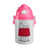 Το σπίτι του snoopy, Ροζ παιδικό παγούρι πλαστικό (BPA-FREE) με καπάκι ασφαλείας, κορδόνι και καλαμάκι, 400ml