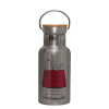 Stainless steel metallic thermos flask, silver with a bamboo lid, double-walled, 350ml.