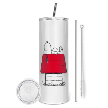 Το σπίτι του snoopy, Tumbler ποτήρι θερμό από ανοξείδωτο ατσάλι 600ml, με μεταλλικό καλαμάκι & βούρτσα καθαρισμού