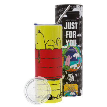 Το σπίτι του snoopy, Neon Yellow Travel Tumbler θερμό, μεταλλικό καλαμάκι(Ανωξείδωτο 304 Food grade, BPA free, 600ml)