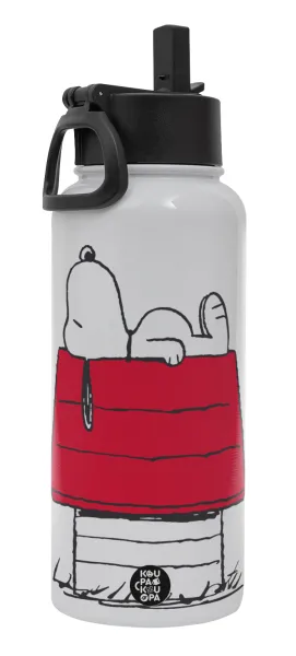 Το σπίτι του snoopy — Μεταλλικό παγούρι θερμός Λευκό με καλαμάκι και χερούλι (Stainless steel), διπλού τοιχώματος, 950ml