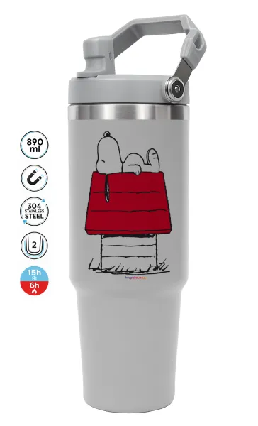 Το σπίτι του snoopy — ΓΚΡΙ Travel Tumbler Θερμός με χερούλι και καλαμάκι 890ml