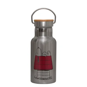 Το σπίτι του snoopy, Stainless steel metallic thermos flask, silver with a bamboo lid, double-walled, 350ml.