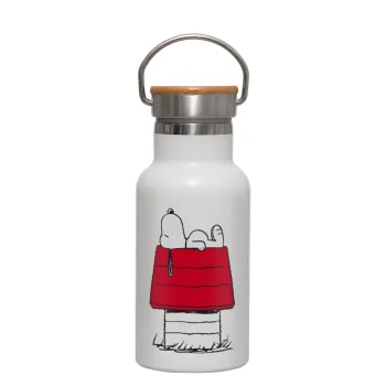 Το σπίτι του snoopy, Metallic thermos (Stainless steel) White with wooden lid (bamboo), double-walled, 350ml