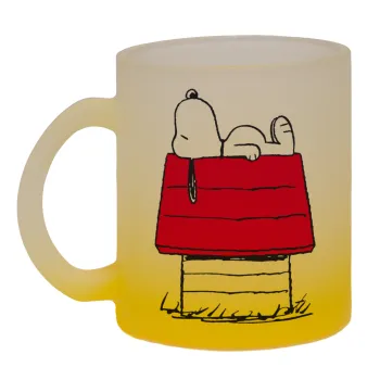 Το σπίτι του snoopy, Κούπα γυάλινη δίχρωμη με βάση το κίτρινο ματ, 330ml