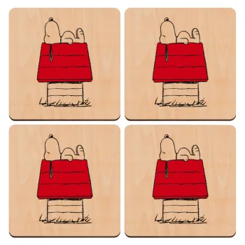 Το σπίτι του snoopy, ΣΕΤ x4 Σουβέρ ξύλινα τετράγωνα plywood (9cm)