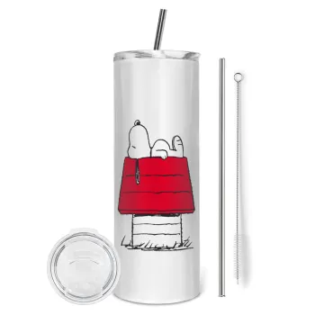 Το σπίτι του snoopy, Tumbler ποτήρι θερμό από ανοξείδωτο ατσάλι 600ml, με μεταλλικό καλαμάκι & βούρτσα καθαρισμού