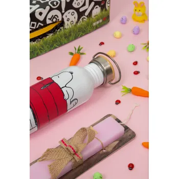 Το σπίτι του snoopy, Πασχαλινή Λαμπάδα με παγούρι μεταλλικό (620ml, stainless steel) & κερί αρωματικό πλακέ (30cm) (ΡΟΖ)