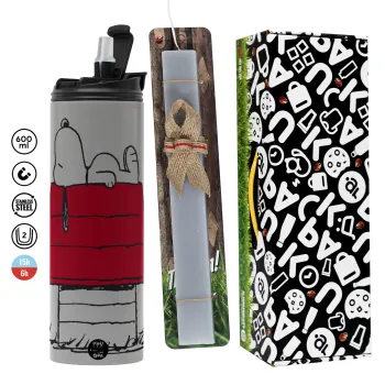 Το σπίτι του snoopy, Πασχαλινή Λαμπάδα με Travel Tumbler θερμό (600ml, BPA free) & κερί αρωματικό πλακέ (30cm) (ΓΚΡΙ)
