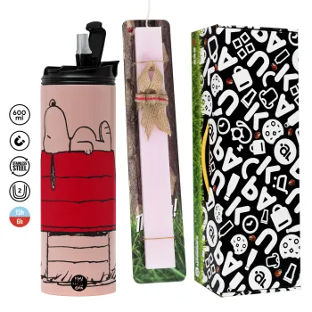 Το σπίτι του snoopy, Πασχαλινή Λαμπάδα με  ΡΟΖ Travel Tumbler θερμό (600ml, BPA free) & κερί αρωματικό πλακέ (30cm) (ΡΟΖ)